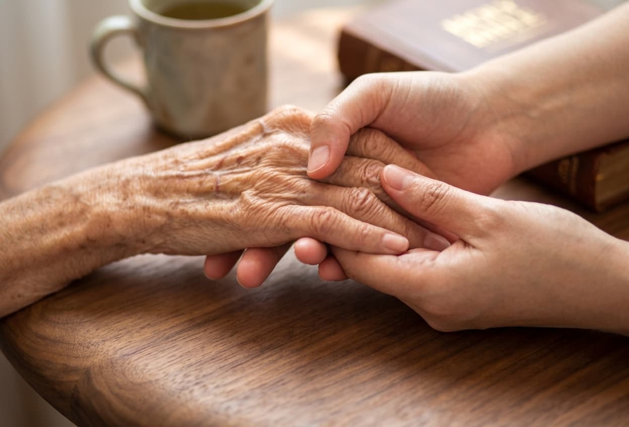 Hands held together in a quiet, caring moment.