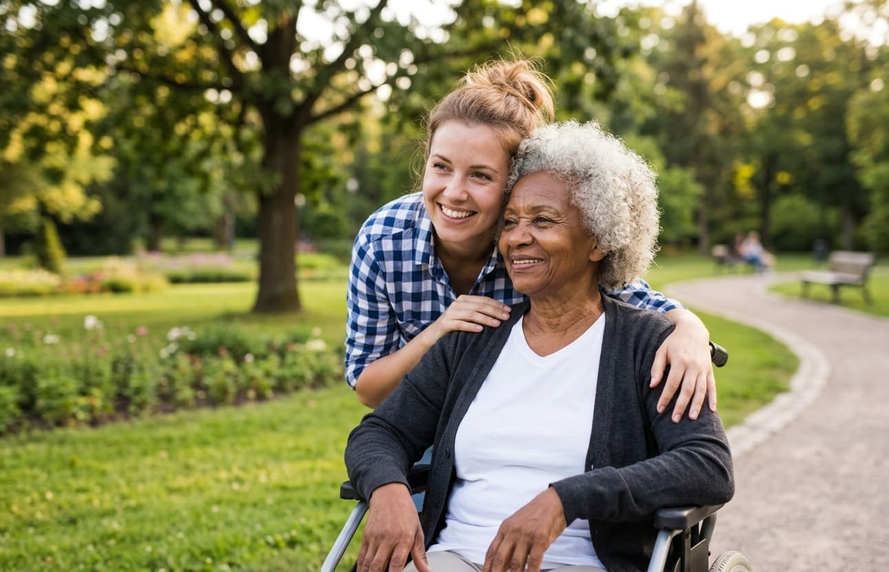 A ProxyKare caregiver warmly embracing a smiling client outdoors.